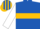 Royal blue, gold hoop, white sleeves, royal blue and gold striped cap