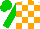White and orange checks, green sleeves and cap