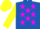 Royal blue, magenta stars, bright yellow sleeves and cap