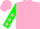 Dayglo pink, dayglo green sleeves, dayglo pink stars, cuffs and cap, dayglo green peak