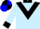 Light blue, black chevron, collar and cuffs, light blue sleeves, black and blue quartered cap, black peak