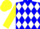 Blue, white band of diamonds, yellow sleeves and cap