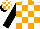 White and orange checks, black sleeves, white and orange checked cap, black peak