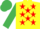 Yellow, red stars, emerald green sleeves and cap