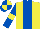Yellow, royal blue stripe and sleeves, yellow armband, quartered cap