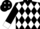 Black, white band of diamonds, black sleeves, white collar and cuffs, black cap, white diamonds