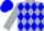 Silver and blue diamonds, silver sleeves, blue cap, silver peak