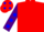 Red, purple sleeves, blue spots and cap