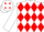 White, red diamonds, white sleeves, red armbands, white cap, red diamonds, white peak