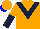 Orange, dark blue 'v' bib, halved sleeves, orange cap, blue peak