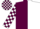 Maroon and white halved horizontally, checked sleeves and cap, white peak