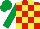 Red and yellow checks, emerald sleeves and cap