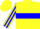 Yellow, blue hoop, striped sleeves, yellow cap, blue peak