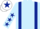 Light blue, dark blue braces, light blue sleeves, dark blue stars, white cap, dark blue star