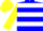 Blue and white hoops, yellow sleeves and cap, blue peak