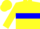 Yellow, one red and one blue hoop on body, yellow cap