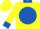 Yellow, royal blue disc, royal blue collar and cuffs, yellow cap