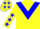 Dayglo yellow, blue chevron, dayglo yellow sleeves, blue stars, dayglo yellow cap, blue stars