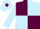 Maroon and light blue quartered diagonally, light blue sleeves and cap, maroon diamond and peak