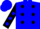 Blue, black spots, black sleeves, blue spots, blue cap