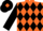 Orange, black band of diamonds and sleeves, orange cuffs, black cap, orange diamond