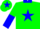 Green, blue star, collar and cuffs, halved sleeves, green cap, blue star and peak