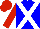 Blue, white crossed sashes, red sleeves and cap