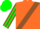 Orange, brown sash, brown and green striped sleeves, green cap