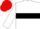 White, black hoop, white sleeves, black armbands, red cap
