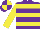 Purple, yellow hoops, yellow sleeves, quartered cap