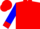 Red, white brand in blue frame, red cuffs on blue sleeves