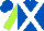 Royal blue, white cross sashes, lime sleeves, royal blue cap