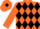 Orange, black band of diamonds, orange sleeves and cap, black diamond