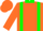 Orange, green braces and collar, orange sleeves and cap, green cuffs and peak