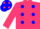 Cerise, turquoise blue diagonal spots, cerise sleeves, turquoise blue cap, cerise spots