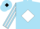 Sky blue, black 'jyr' on white diamond, white diamond stripe on sleeves