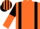 Bright orange, black braces, black and orange halved sleeves, striped cap