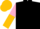 Black, pink 'v' bib, pink and gold halved sleeves and cap