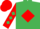 Emerald green, red diamond, red sleeves, emerald green diamonds, red cap