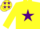 Yellow body, purple star, yellow arms, yellow cap, purple stars