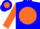 Blue, blue s on orange ball in front, blue bars on orange sleeves