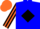 Blue, black diamond, black and orange striped sleeves, orange cap