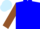 Blue, brown crossed sashes and sleeves, light blue cap
