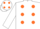 White, orange spots, white sleeves, white cap, orange spots
