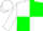 White and green quartered diagonally, white sleeves and cap, green peak