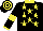 Black, yellow stars, black sleeves, yellow armband, collar and cuffs, hooped cap