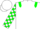 White, green epaulettes, green and white checked sleeves, white cap, green peak