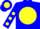 Blue, yellow ball, black horses head, yellow spots on sleeves