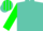 Turquoise green, turquoise green sleeves, navy seams, striped cap