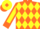 Orange and yellow checked diamonds, yellow sleeves, orange seams and cuffs, yellow cap, orange diamond and peak